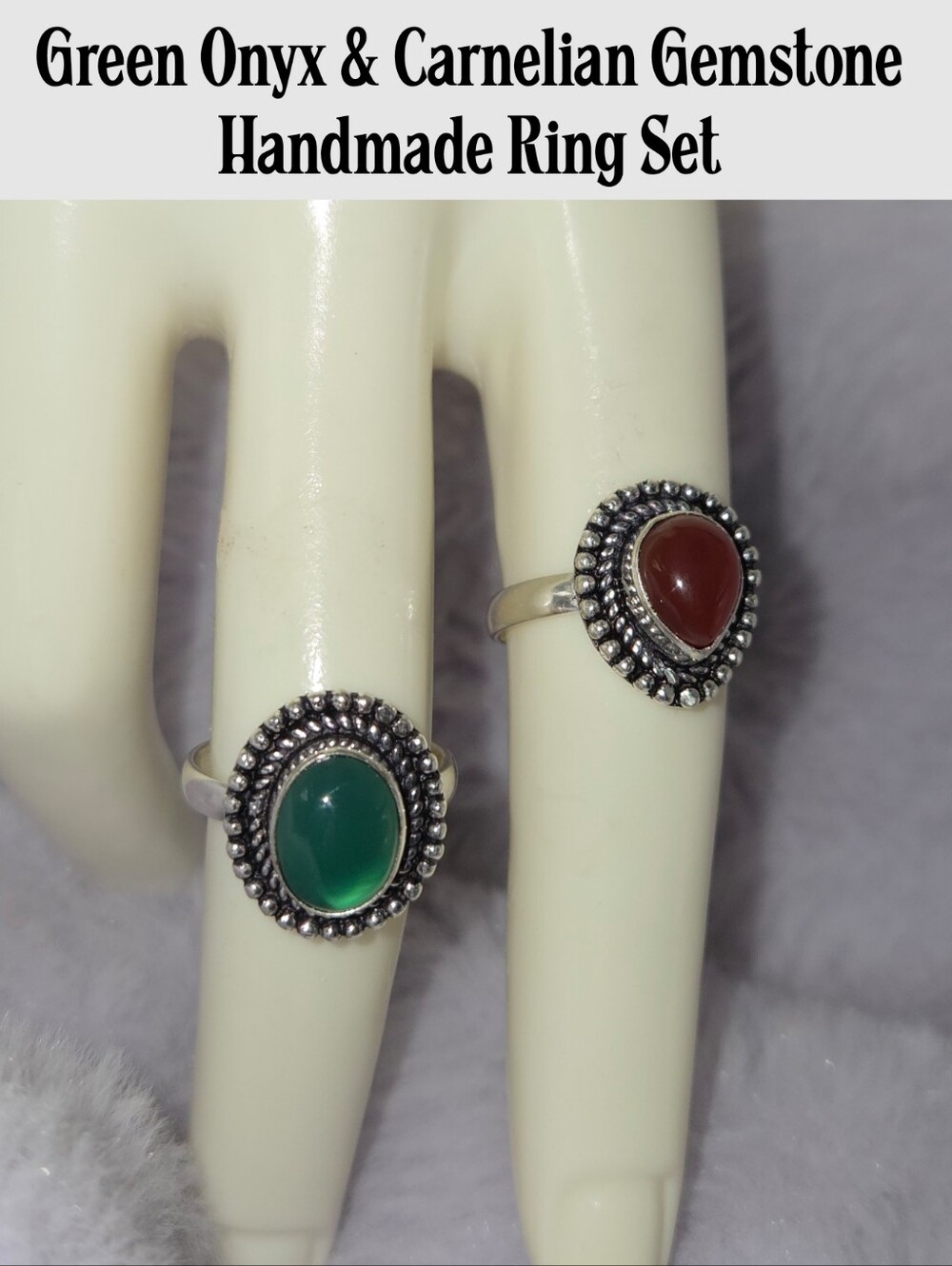 Petite Green Onyx & Carnelian Gemstone Dainty Handmade Halo Ring Set Size 6.5